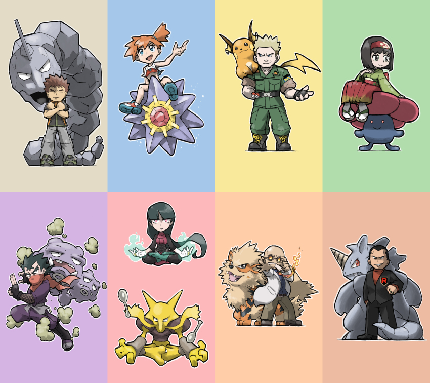 3girls 5boys :3 absurdres alakazam arcanine arm_behind_back bald belt black_belt black_boots black_gloves black_hair black_jacket black_pants black_shoes blacknirrow blaine_(pokemon) blonde_hair blue_eyes boots brock_(pokemon) brown_hair brown_pants closed_eyes closed_mouth coat collared_shirt commentary crossed_arms crossed_legs dark-skinned_male dark_skin english_commentary erika_(pokemon) eyelashes facial_hair fangs fingerless_gloves fire floating game_freak gem gen_1_pokemon giovanni_(pokemon) gloves glowing_hands green_pants green_shirt green_shoes grey_eyes grey_pants hairband highres jacket japanese_clothes kimono koga_(pokemon) lab_coat long_hair misty_(pokemon) multiple_boys multiple_girls mustache necktie ninja nintendo on_shoulder onix open_clothes open_coat orange_hair orange_necktie outline pants poke_ball poke_ball_(basic) pokemon pokemon_(creature) pokemon_lgpe pokemon_on_shoulder raichu red_eyes red_gemstone red_hairband red_scarf red_shirt rhydon riding riding_pokemon sabrina_(pokemon) sandals scarf shirt shoes short_sleeves side_ponytail socks spoon standing starme surge_(pokemon) team_rocket telekinesis v-shaped_eyebrows v-shaped_eyes very_long_hair vileplume weezing white_coat white_hair white_outline white_socks