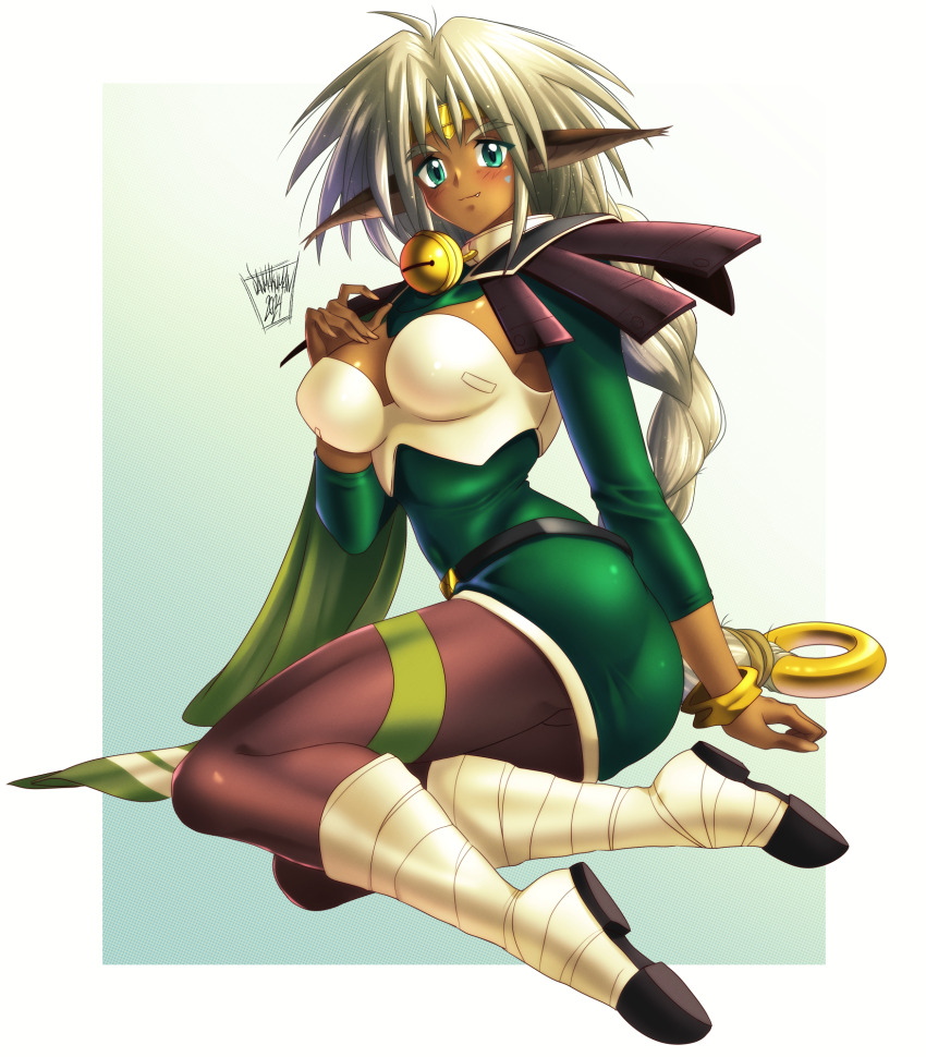 1girl 2024 aisha_clanclan animal_ears artist_name bell belt blush border braid braided_ponytail breasts cat_ears circlet closed_mouth collar danmakuman dark-skinned_female dark_skin dated facial_mark fang female_focus full_body green_eyes highres jingle_bell long_hair looking_at_viewer neck_bell outlaw_star pantyhose signature single_braid solo white_border