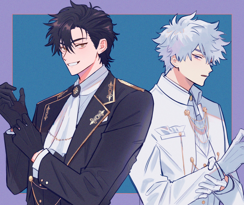 2boys adjusting_clothes adjusting_gloves alternate_costume alternate_hairstyle ascot back-to-back black_gloves black_hair black_suit blue_background blue_eyes border buttons cheng_xiaoshi collared_suit formal_clothes gloves grin hair_between_eyes hands_up highres jewelry long_sleeves looking_at_viewer lu_guang male_focus multiple_boys open_mouth outside_border parted_lips profile purple_background shiguang_dailiren shirt short_hair sideways_glance simple_background smile spiked_hair suit teeth two-tone_background upper_body white_ascot white_border white_gloves white_hair white_shirt white_suit yellow_eyes zariganihouse