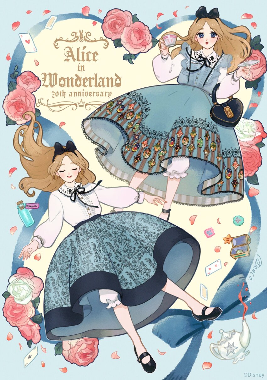 1girl adapted_costume alice_(disney) alice_in_wonderland_(disney) animification apron black_shoes blonde_hair blue_dress blue_eyes bow copyright_name dress dual_persona flower full_body hairband highres long_hair meecosme open_mouth pink_flower pink_rose ribbon rose shoes short_sleeves smile white_apron white_flower white_rose