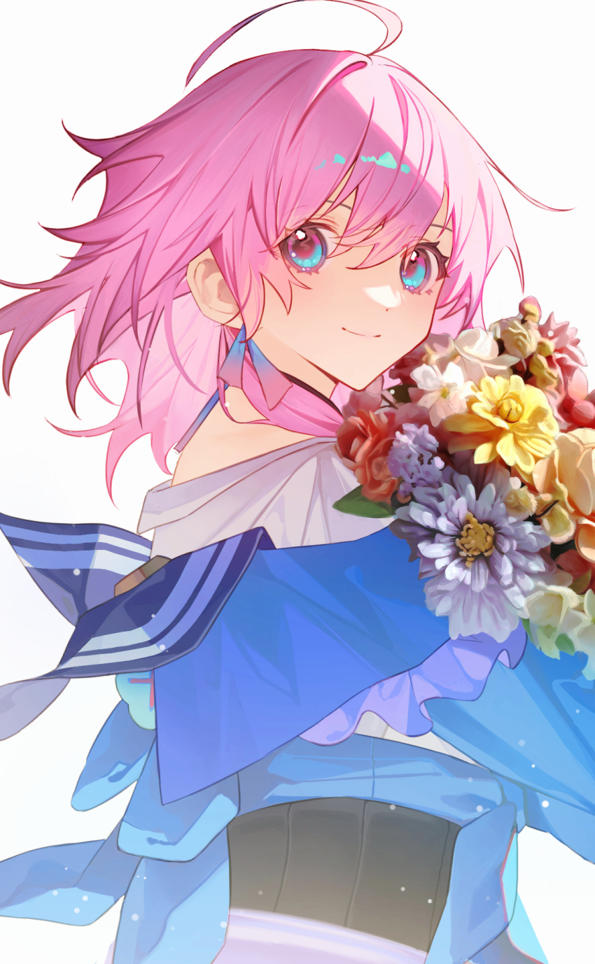 1girl ahoge blue_eyes blue_jacket bouquet closed_mouth flower frills from_side hair_between_eyes highres holding holding_bouquet honkai:_star_rail honkai_(series) jacket leaf long_sleeves looking_at_viewer march_7th_(honkai:_star_rail) march_7th_(preservation)_(honkai:_star_rail) multicolored_eyes orange_flower pink_eyes pink_flower pink_hair purple_flower red_flower red_rose rose shirt short_hair shotgunman simple_background smile solo standing tied_jacket white_background white_flower white_shirt yellow_flower