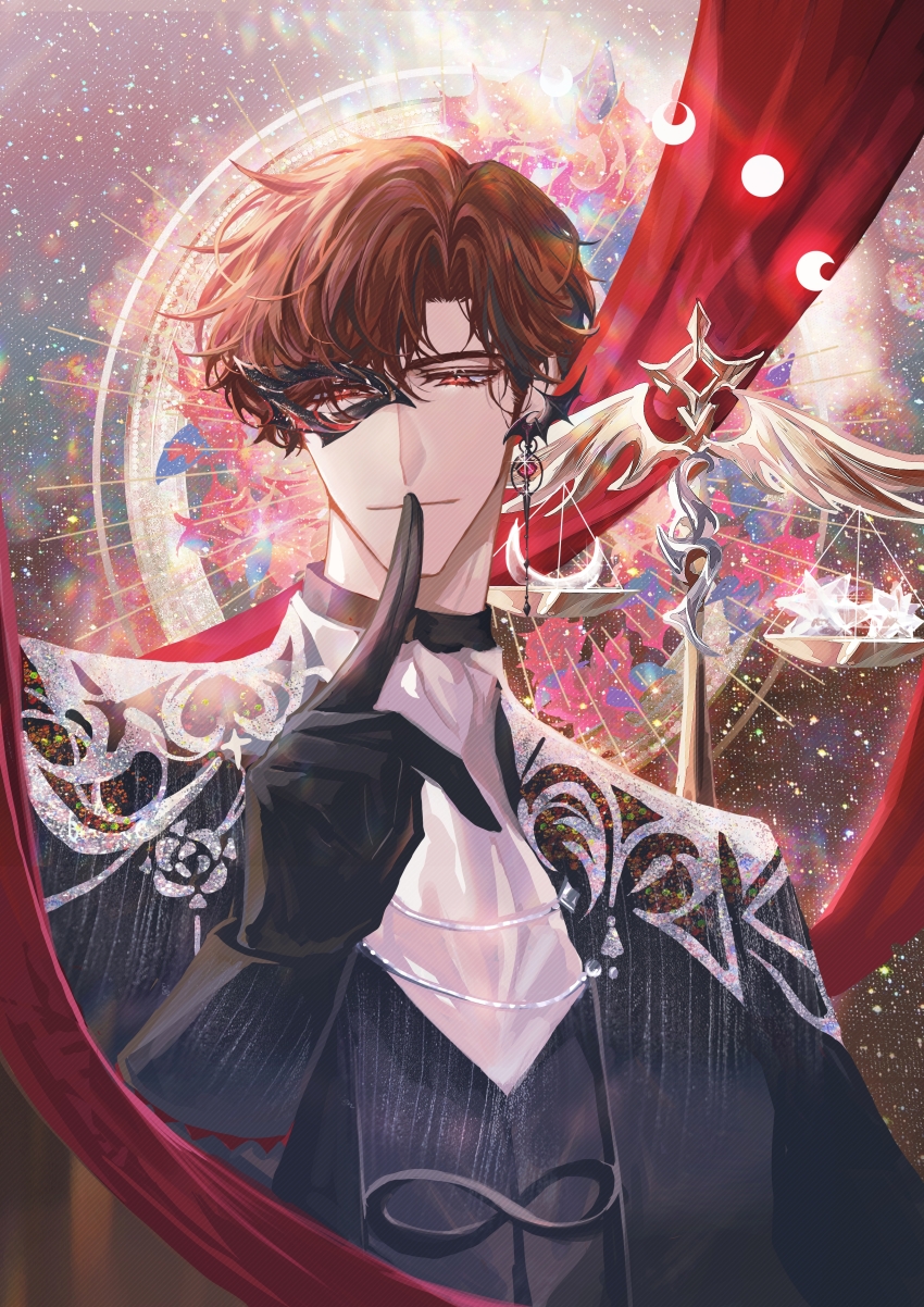 1boy absurdres angel&#039;s_trumpet ascot asymmetrical_bangs balance_scale bat_earrings black_gloves black_jacket black_vest brown_hair chinese_commentary closed_mouth crescent curtained_hair domino_mask earrings finger_to_mouth floral_print flower gem gloves half_mask highres index_finger_raised infinity_symbol jacket jewelry light_and_night_love long_sleeves looking_at_viewer lu_chen male_focus mask moon_phases open_clothes open_jacket pinstripe_jacket pinstripe_pattern pinstripe_vest red_eyes red_flower red_gemstone red_ribbon ribbon rose_print short_hair shushing single_earring sky smile snow234 solo star_(sky) starry_sky stellated_octahedron upper_body vest weighing_scale white_ascot
