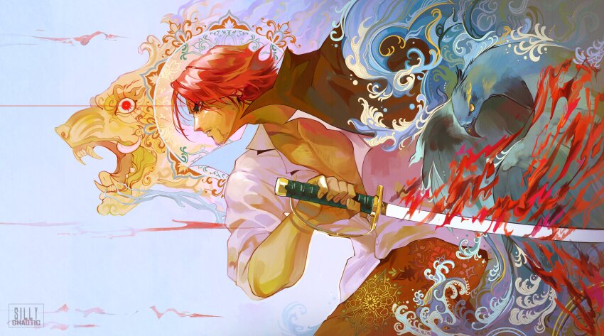 1boy absurdres artist_logo beard_stubble bird black_cape blue_feathers cape facial_hair feathers highres holding holding_sword holding_weapon logo one_piece open_clothes open_shirt pheasant red_hair saber_(weapon) shanks_(one_piece) shirt silly_chaotic stubble sword weapon white_shirt