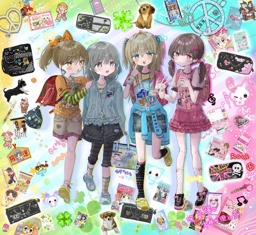 4girls angel_blue backpack bag bead_bracelet beads berrie_(mezzo_piano) black_shoes black_socks blue_eyes blue_jacket blue_shoes blue_shorts blush bow bracelet brown_hair card cellphone chain character_print character_request charm_(object) charm_angel child ciao_(shogakukan) clothes_around_waist clothes_writing colorful copyright_request daisy_lovers denim denim_skirt dog fashion flip_phone floral_print footwear_bow frilled_jacket frilled_sleeves frills full_body gem girls_mode green_shoes grey_eyes grey_hair grey_leggings grey_shorts hair_bobbles hair_bow hair_ornament hair_scrunchie handbag heart heart_hair_ornament heisei_retro highres holding ichii_(mamotte!_lollipop) jacket jacket_around_waist jacket_bow jewelry kirarin_revolution kuchipatchi lanyard layered_sleeves leggings long_hair long_sleeves looking_at_viewer low_twintails magazine_(object) mamegoma_(san-x) mametchi mamotte!_lollipop manga_(object) memetchi mezzo_piano multicolored_socks multiple_girls na-san nakamura-kun_(angel_blue) nintendo one_side_up open_mouth orange_bow orange_shirt original peace_symbol pen phone pink_eyes pink_skirt pom_pom_(clothes) ponytail pouch print_bag print_shirt print_socks product_placement puppy q-lia randoseru red_bag safety_scissors san-x scissors scrunchie shinanashina shirogoma shirt shoes short_hair short_over_long_sleeves short_sleeves shorts skirt sneakers socks standing standing_on_one_leg stationery sticker striped_clothes striped_leggings striped_sleeves striped_socks striped_wristband tamagotchi tamagotchi_(virtual_pet) tamagotchi_connection tote_bag tsukishima_kirari twintails two_side_up video_game virtual_pet_(toy) w wagamama_fashion_girls_mode walking white_socks wristband yamada_nina yellow_eyes yellow_shirt zero_(mamotte!_lollipop) zipper