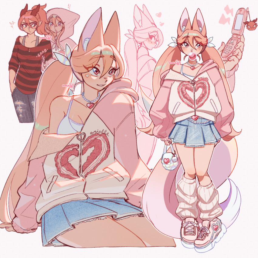 2girls animal_ears arielle_(cudlil) artist_name black_pants blue_skirt breasts brown_eyes brown_hair camisole cellphone cellphone_charm character_name charm_(object) cleavage collarbone cudlil dani_(cudlil) denim flip_phone fox_ears fox_girl fox_tail grey_background hair_between_eyes heart highres holding holding_another&#039;s_arm holding_phone hood hood_down hood_up hoodie jeans lightning_bolt_symbol long_hair looking_to_the_side medium_breasts multiple_girls multiple_views off_shoulder original pants phone pink_hoodie pink_shoes platform_shoes ponytail red_hair shirt shoes skirt small_breasts smile sneakers striped_clothes striped_shirt tail torn_clothes torn_pants twintails very_long_hair white_camisole