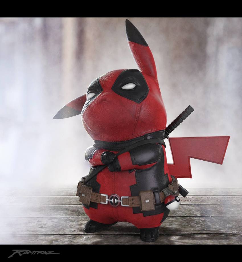 1boy 3d belt bodysuit creatures_(company) crossover deadpool deadpool_(series) full_body game_freak gen_1_pokemon gradient_background halloween highres male_focus marvel mask nintendo no_humans pikachu pokemon pokemon_(creature) ramtraz ryan_reynolds signature solo voice_actor_connection weapon