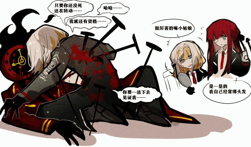 ... 1other 2girls aislan alternate_hairstyle black_jacket blonde_hair blood chinese_text clock collared_shirt dante_(limbus_company) grey_eyes grey_hair impaled injury jacket kromer_(project_moon) lcb_uniform_(project_moon) limbus_company medium_hair multiple_girls necktie object_head project_moon red_hair red_necktie shirt simple_background translation_request upper_body white_background white_shirt yuri_(project_moon)