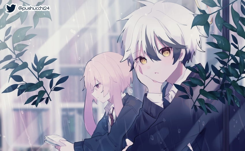 2boys adnachiel_(arknights) animal_ears ansel_(arknights) arknights black_hair black_jacket blurry blurry_background book bookshelf collared_shirt colored_tips commentary english_commentary half-closed_eyes halo head_rest highres holding holding_book jacket long_sleeves looking_at_viewer lop_rabbit_ears male_focus multicolored_hair multiple_boys necktie open_book parted_lips pink_eyes pink_hair plant pushu rabbit_ears rain reading red_necktie shirt short_hair twitter_logo twitter_username upper_body white_hair white_shirt window yellow_eyes