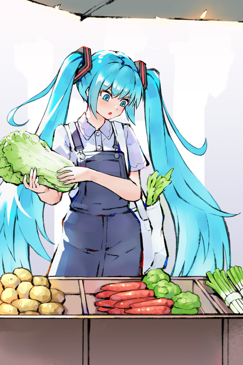 1girl absurdres bag blue_eyes blue_hair carrot collared_shirt commentary_request food hair_ornament hatsune_miku highres holding holding_bag holding_food lettuce long_hair looking_down market_stall open_mouth overalls potato shirt short_sleeves shouxs1980 solo spring_onion tote_bag twintails very_long_hair vocaloid