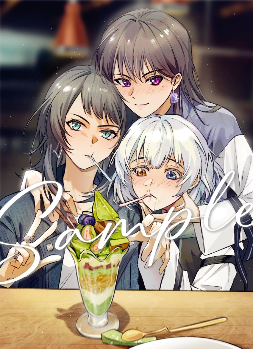 3girls absurdres bang_dream! bang_dream!_it&#039;s_mygo!!!!! black_jacket blue_eyes blush brown_hair chinese_commentary commentary_request drooling earrings glint grey_jacket hero45439083942 heterochromia highres ice_cream_spoon jacket jewelry kaname_raana light_particles long_hair matcha_parfait mitsuketa_keshiki_tazusaete mole mole_under_eye multiple_girls multiple_rings purple_eyes ring sample_watermark shiina_taki short_hair spoon utensil_in_mouth watermark white_background white_hair yahata_umiri yellow_eyes