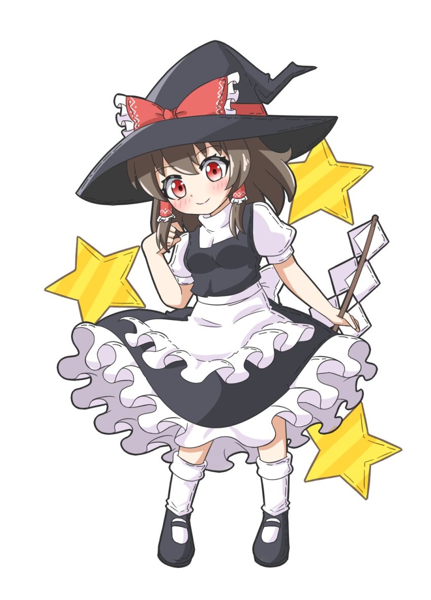 1girl apron black_shoes black_skirt black_vest blush bow brown_eyes brown_hair closed_mouth cosplay frilled_bow frilled_hair_tubes frills gohei hair_tubes hakurei_reimu hand_in_own_hair hat hat_bow highres holding holding_gohei kirisame_marisa kirisame_marisa_(cosplay) long_hair mary_janes red_bow red_eyes shoes short_sleeves simple_background skirt smile socks solo star_(symbol) touhou vest waist_apron white_background witch_hat zenji029