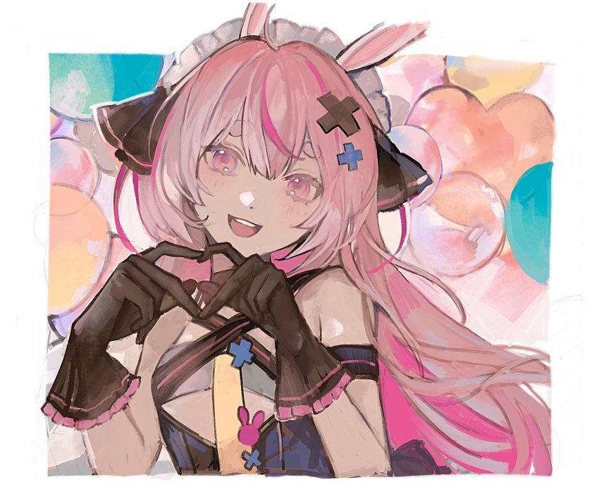 1girl animal_ears balloon border brown_gloves commentary_request frilled_hairband frills gloves hairband heart heart_balloon heart_hands highres indie_virtual_youtuber long_hair looking_at_viewer multicolored_hair open_mouth pink_eyes pink_hair protected_link rabbit_ears short_eyebrows solo streaked_hair teeth tomari_mari tsuta1218 two-tone_hair upper_body upper_teeth_only virtual_youtuber white_border