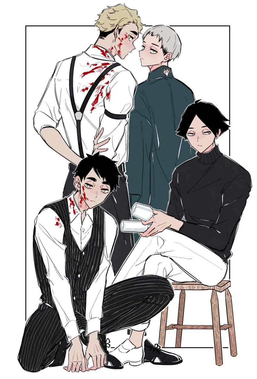 4boys :/ alternate_universe arms_behind_back belt black_belt black_hair black_pants black_robe black_shirt black_shoes black_vest blonde_hair blood blood_on_clothes blood_on_face brothers buttons chair closed_mouth coco_(238243) collared_shirt colored_tips cup dress_shirt dress_shoes drinking_glass grey_eyes grey_hair haikyuu!! hand_on_own_arm highres holding holding_cup kita_shinsuke kneeling long_sleeves looking_back looking_to_the_side male_focus miya_atsumu miya_osamu multicolored_hair multiple_boys open_collar pants parted_bangs pinstripe_pants pinstripe_pattern pinstripe_vest robe shirt shoes short_hair siblings sideburns sideways_glance sitting sleeve_rolled_up standing suna_rintarou suspenders thick_eyebrows turtleneck twins two-tone_hair vest white_shirt white_shoes wine_glass wing_collar wooden_chair yellow_eyes