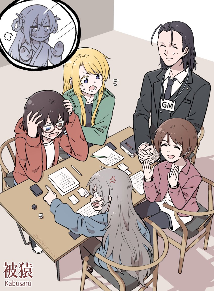 1boy 5girls anger_vein antenna_hair black_hair blonde_hair brown_hair chair glasses grey_hair heterochromia highres kamikoshi_sorawo kozakura_(urasekai_picnic) kumaman migiwa_youichirou multiple_girls nishina_toriko paper seto_akari sitting stitched_mouth stitches table tabletop_rpg urasekai_picnic urumi_luna