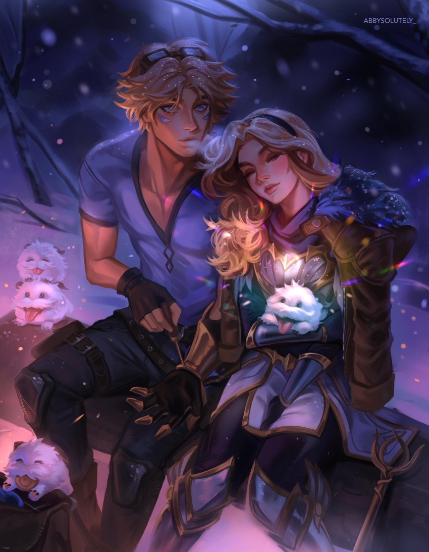 1boy 1girl abby_(abbysolutely) absurdres animal armor artist_name bag black_hairband black_pants blonde_hair breastplate brown_gloves ezreal fingerless_gloves gloves hairband head_on_another&#039;s_shoulder highres holding holding_animal hug league_of_legends looking_at_another lux_(league_of_legends) pants poro_(league_of_legends) short_hair sitting snow snowing staff tree winter
