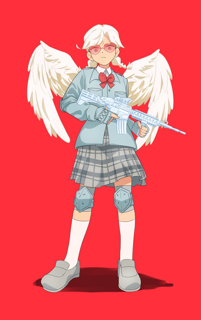 absurdres blue_coat bow bowtie coat collared_shirt cupid elbow_pads ena_(love-bullet) fingerless_gloves gloves gun heart heart-shaped_eyewear highres holding holding_gun holding_weapon knee_pads knew_nothing long_sleeves love-bullet medium_hair pleated_skirt red_background red_bow red_bowtie red_eyes rifle shirt short_twintails simple_background skirt socks trigger_discipline twintails weapon white_hair white_shirt white_socks