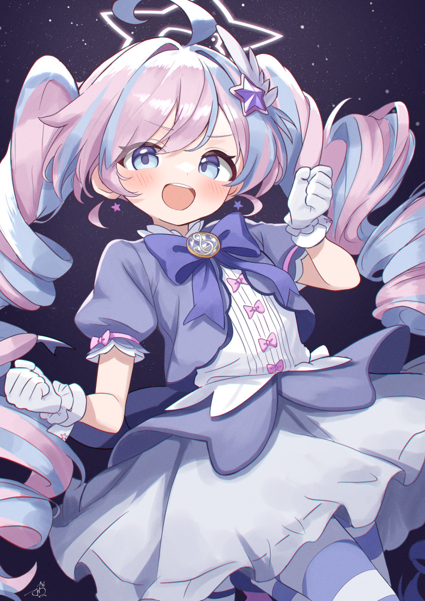 1girl ahoge blue_archive blue_eyes blue_hair blue_pantyhose bow bowtie commentary delfino dress drill_hair earrings gloves hair_ornament halo highres jewelry long_hair magical_girl multicolored_hair open_mouth pantyhose pink_hair puffy_short_sleeves puffy_sleeves purple_bow purple_bowtie reisa_(blue_archive) reisa_(magical)_(blue_archive) revision short_sleeves solo star_(symbol) star_earrings star_hair_ornament star_halo striped_clothes striped_pantyhose teeth twin_drills twintails two-tone_hair upper_teeth_only very_long_hair white_gloves white_halo wing_hair_ornament