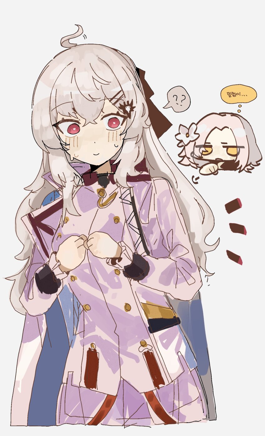 2girls absurdres aug_(girls&#039;_frontline) blush closed_mouth dress flower girls&#039;_frontline hair_flower hair_ornament highres iws_2000_(girls&#039;_frontline) jacket long_hair long_sleeves multiple_girls odmised red_eyes shirt white_dress white_flower white_hair white_shirt
