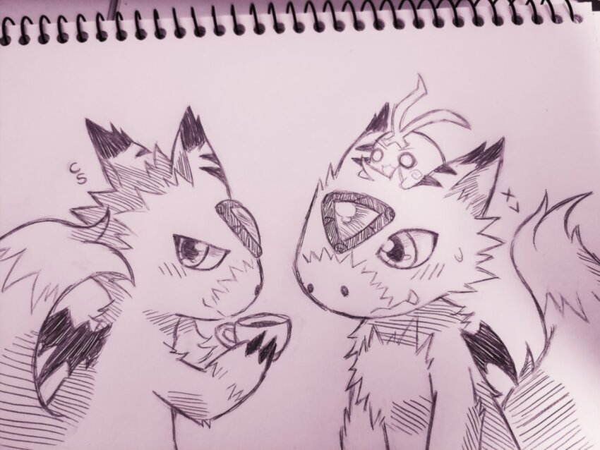 coffee_mug cup digicore_interface digimon digimon_(creature) digimon_story:_cyber_sleuth digital_monster_x-evolution dorumon looking_at_viewer mug sketch smile tokomon tokomon_x-antibody traditional_media