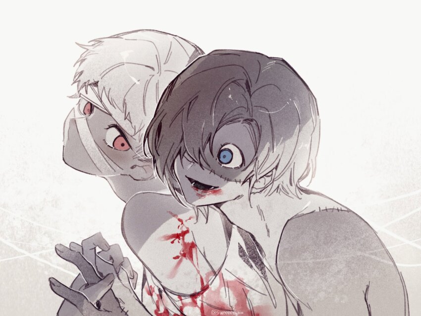 1boy 1girl bite_mark bite_mark_on_shoulder bleeding blood blood_on_face blue_eyes commentary_request drinking_blood grey_hair hair_over_one_eye heroine_(homicipher) highres holding_hands homicipher injury korean_commentary looking_at_another mr._stitch red_eyes short_hair stitches sweeeet_him upper_body white_background