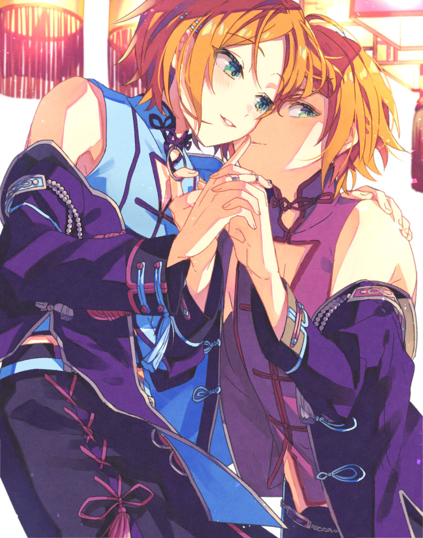 2boys aoi_hinata aoi_yuta bishounen blue_shirt blush brothers chinese_clothes cleavage_cutout clothing_cutout ensemble_stars! finger_to_another&#039;s_mouth fingernails green_eyes highres holding_hands male_focus multiple_boys nagatsukiariake o-ring orange_hair pectoral_cleavage pectorals purple_shirt shirt short_hair siblings tassel twins