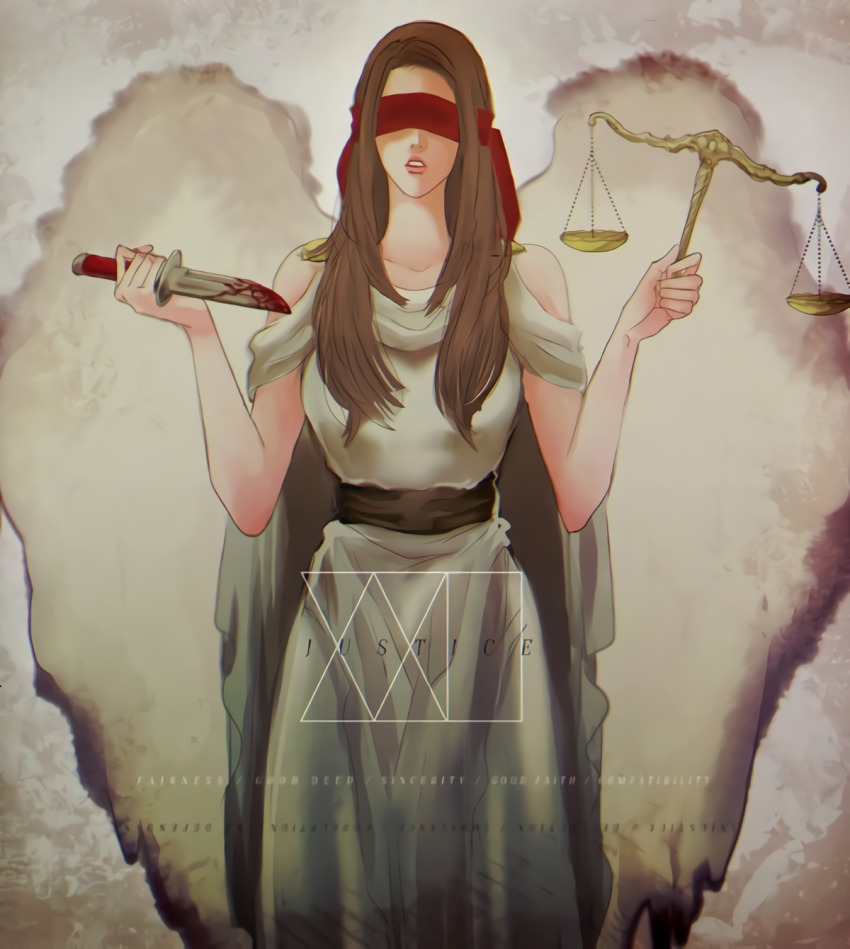 1girl ace_attorney bad_id bad_pixiv_id blood covered_eyes highres knife lana_skye scales tunic
