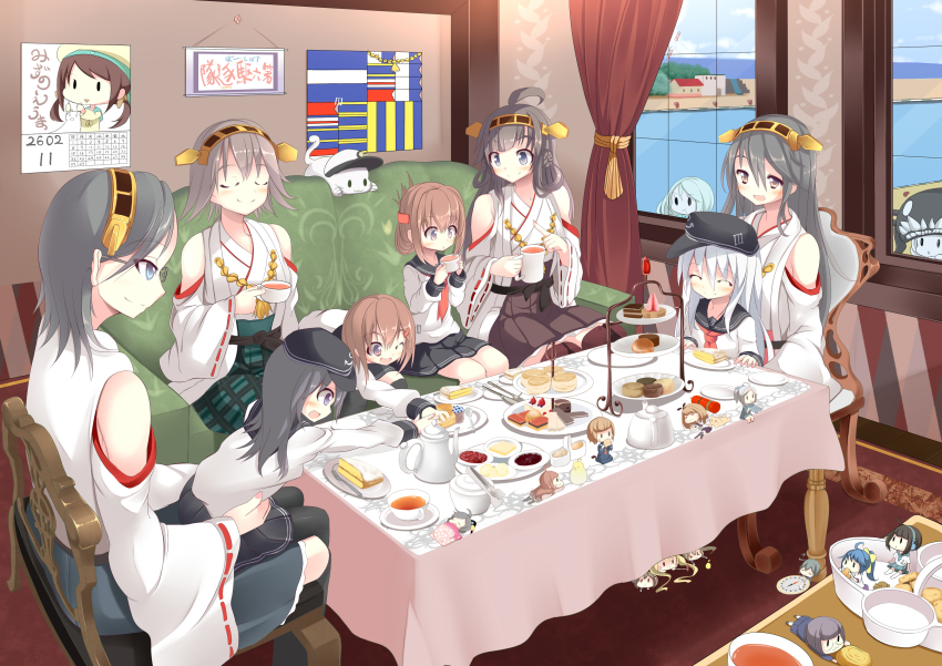 10s 15.2cm_single_gun_mount 15.2cm_twin_gun_mount 35.6cm_twin_gun_mount_fairy 41cm_twin_gun_mount 46cm_triple_gun_mount 6+girls 61cm_quadruple_(oxygen)_torpedo_mount ^_^ absurdres abyssal_ship ahoge akatsuki_(kancolle) bare_shoulders black_hair blue_eyes blush brown_eyes cake calendar calendar_(object) cat cha_(kancolle) chair closed_eyes couch cup curtains error_musume eyebrows fairy_(kancolle) folded_ponytail folding_fan food fork girl_holding_a_cat_(kancolle) glasses green_upholstery hair_ribbon hairband hand_fan haruna_(kancolle) hat hibiki_(kancolle) hiei_(kancolle) highleg highleg_panties highres hiyoko_(kancolle) ikazuchi_(kancolle) inazuma_(kancolle) indoors kantai_collection kirishima_(kancolle) kongou_(kancolle) long_hair majokko_(kancolle) midori_(kancolle) mini_person minigirl multiple_girls one_eye_closed open_mouth panties pastry patterned_upholstery plate pout purple_eyes rashinban_musume ribbon school_uniform serafuku shoshinsha_mark sitting sitting_on_person smile spoon sukage ta-class_battleship table tablecloth teacup teapot tiered_serving_stand tiered_tray type_32_surface_radar type_3_shell underwear window wink wo-class_aircraft_carrier