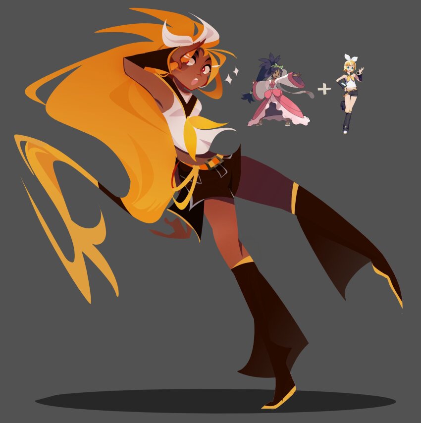 1girl :o arm_up belt black_shorts black_sleeves blonde_hair bright_pupils dark-skinned_female dark_skin detached_sleeves fusion game_freak grey_background highres iris_(pokemon) kagamine_rin long_hair looking_to_the_side low-tied_long_hair nintendo open_mouth orange_belt plus_sign pokemon pokemon_bw2 red_eyes reference_inset shirt shorts sleeveless sleeveless_shirt solo sparkle standing standing_on_one_leg tamii_(tampokedex) teeth tiptoes upper_teeth_only vocaloid white_pupils white_shirt