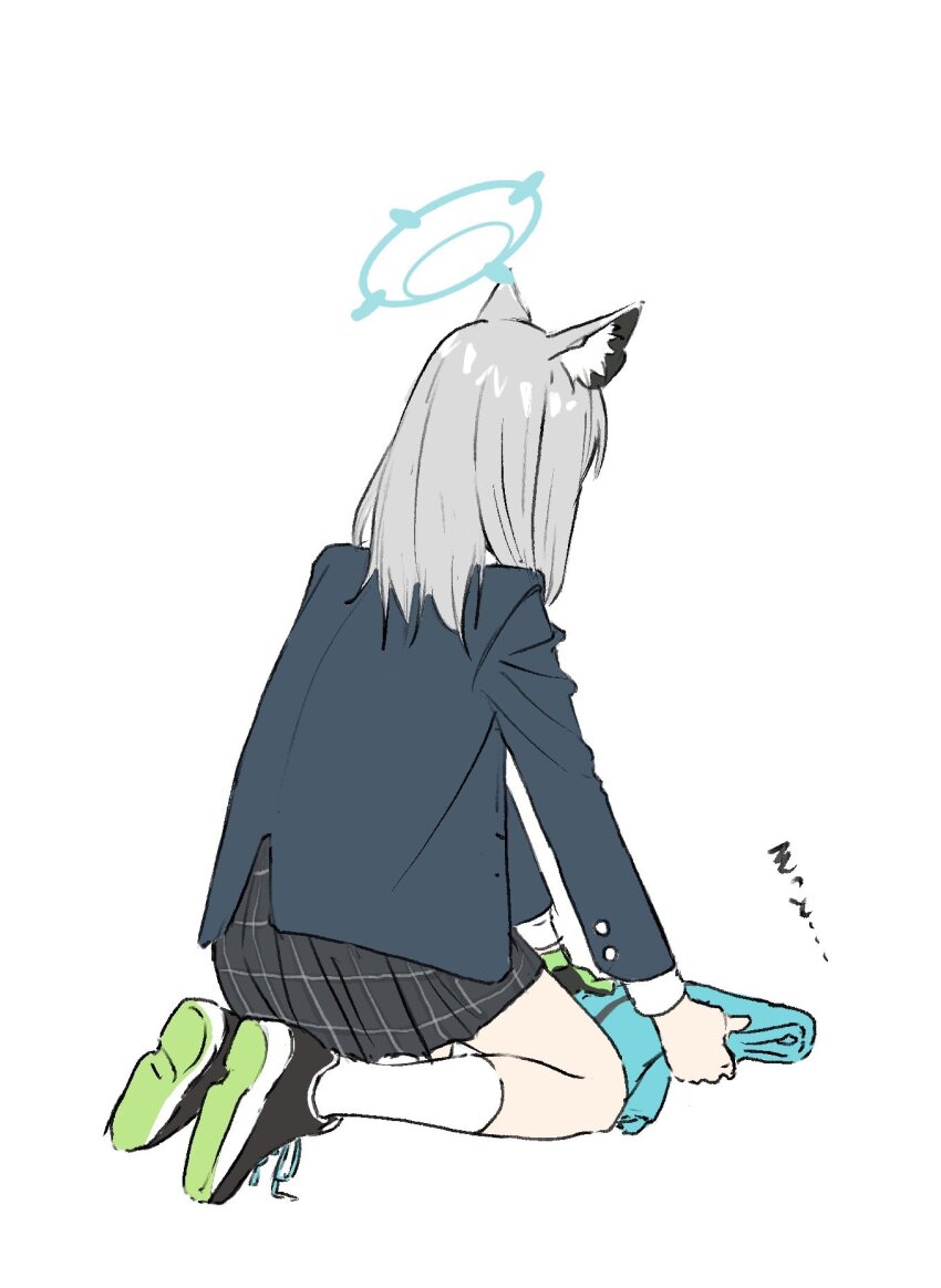 1girl animal_ear_fluff animal_ears black_jacket black_skirt blazer blue_archive commentary facing_away folding_clothes from_behind full_body gomibako_(gomibako_price) grey_hair halo highres jacket kneehighs kneeling long_hair long_sleeves plaid_clothes plaid_skirt pleated_skirt scarf shiroko_(blue_archive) shirt shoes skirt sneakers socks solo translated unworn_scarf white_shirt white_socks wolf_ears wolf_girl