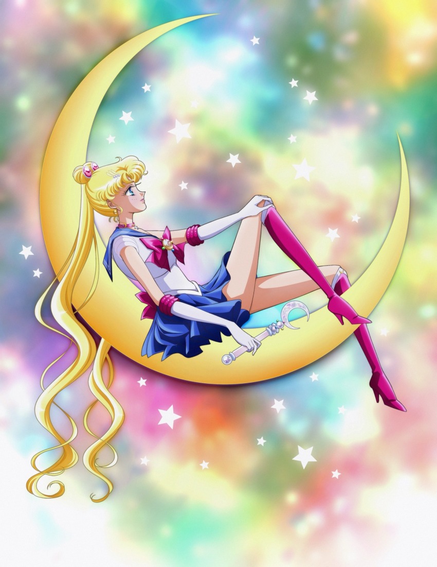 1girl bishoujo_senshi_sailor_moon blonde_hair blue_eyes blue_sailor_collar blue_skirt boots bow bowtie choker circlet crescent crescent_earrings double_bun earrings elbow_gloves expressionless full_body gloves hair_bun hair_ornament highres holding holding_wand jewelry magical_girl moon official_style pink_boots rainbow_background sailor_collar sailor_moon sailor_senshi sailor_senshi_uniform sailorcrisis school_uniform serafuku shirt sidelocks sitting skirt solo star_(symbol) tsukino_usagi twintails wand white_gloves white_shirt