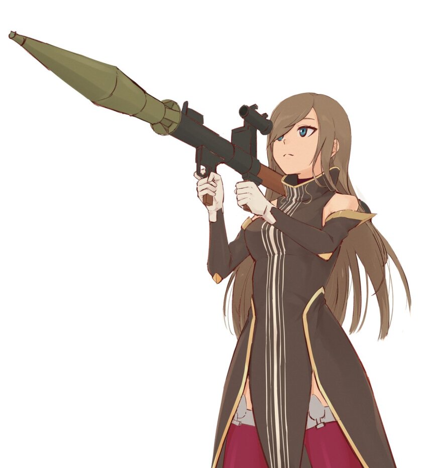 1girl akumu_aya bare_shoulders blue_eyes breasts brown_dress brown_hair brown_sleeves closed_mouth commentary_request cowboy_shot detached_sleeves dress garter_straps gloves high_collar highres holding holding_rocket_launcher holding_weapon long_hair medium_breasts over_shoulder purple_thighhighs rocket_launcher rpg rpg-7 rpg_(weapon) sleeveless sleeveless_dress solo straight_hair tales_of_(series) tales_of_the_abyss tales_of_the_rays tear_grants thighhighs weapon white_background white_gloves