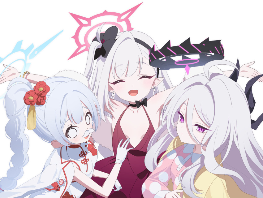 3girls ahoge black_bow black_choker blue_archive blunt_bangs bow bow_choker braid braided_ponytail breasts cardigan cherino_(blue_archive) cherino_(qipao)_(blue_archive) china_dress chinese_clothes choker closed_eyes collarbone commentary_request demon_girl demon_horns dress earrings empty_eyes fake_facial_hair fake_mustache flower gloves grey_hair hair_between_eyes hair_flower hair_ornament halo highres hina_(blue_archive) hina_(pajamas)_(blue_archive) horns jacket jacket_on_shoulders jewelry kaerunrun loli long_hair long_sleeves looking_at_viewer multiple_girls mutsuki_(blue_archive) mutsuki_(dress)_(blue_archive) official_alternate_costume official_alternate_hairstyle one_side_up open_mouth pajamas parted_bangs pink_halo pink_pajamas pointy_ears polka_dot polka_dot_pajamas ponytail purple_eyes purple_halo red_dress red_halo sidelocks simple_background small_breasts white_background white_gloves white_jacket yellow_cardigan