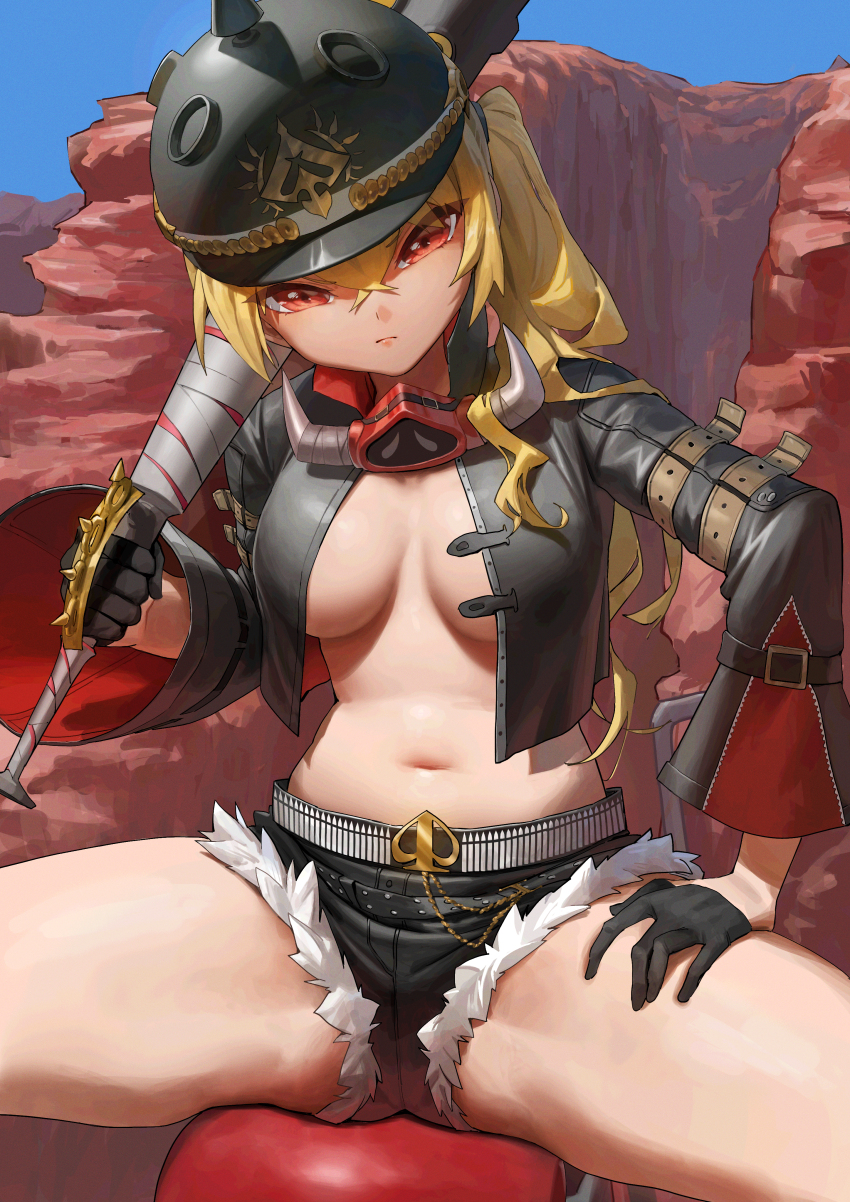 1girl absurdres baseball_bat black_gloves black_helmet black_jacket black_shorts blonde_hair breasts combat_helmet cropped_jacket denim denim_shorts glaring gloves hair_between_eyes half_gloves hand_on_own_thigh helmet highres holding holding_baseball_bat jacket long_hair looking_at_viewer luciana_de_montefio medium_breasts metal_baseball_bat navel no_bra outdoors over_shoulder pickelhaube red_eyes shorts side_ponytail spread_legs weapon weapon_over_shoulder wow+ zenless_zone_zero