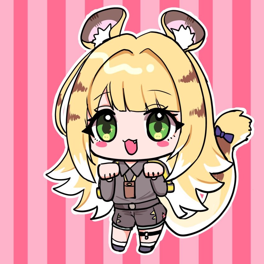 1girl animal_ear_fluff animal_ears blonde_hair covered_groin green_eyes high-waist_shorts highres jacket ju_fufu long_hair looking_at_viewer mak100510 multicolored_fur orange_fur shorts simple_background smile solo striped_fur striped_hair tail tiger_ears tiger_girl tiger_tail white_background zenless_zone_zero