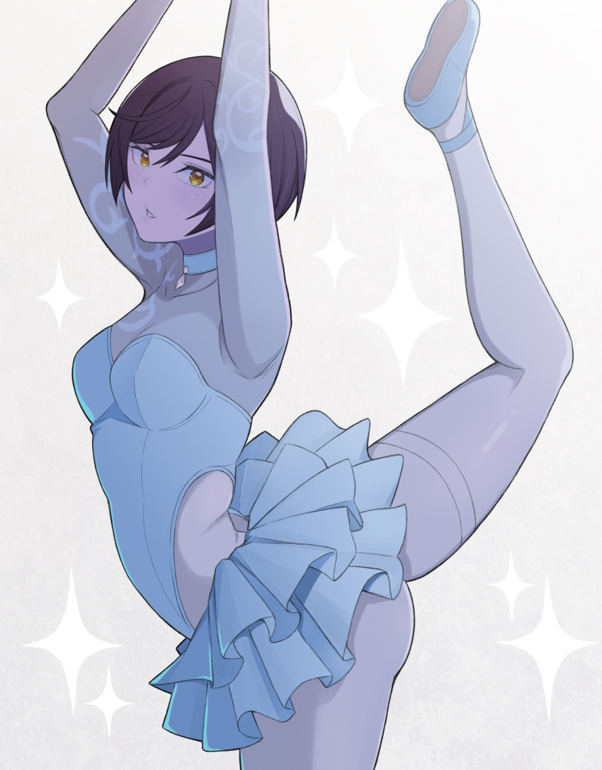 1girl ballerina ballet ballet_slippers blue_leotard breasts character_request copyright_request dead_or_alive_xtreme dead_or_alive_xtreme_venus_vacation dress footwear_ribbon highres konishiki_(52siki) leotard looking_at_viewer pantyhose simple_background small_breasts smile solo sparkle standing standing_on_one_leg tutu white_pantyhose