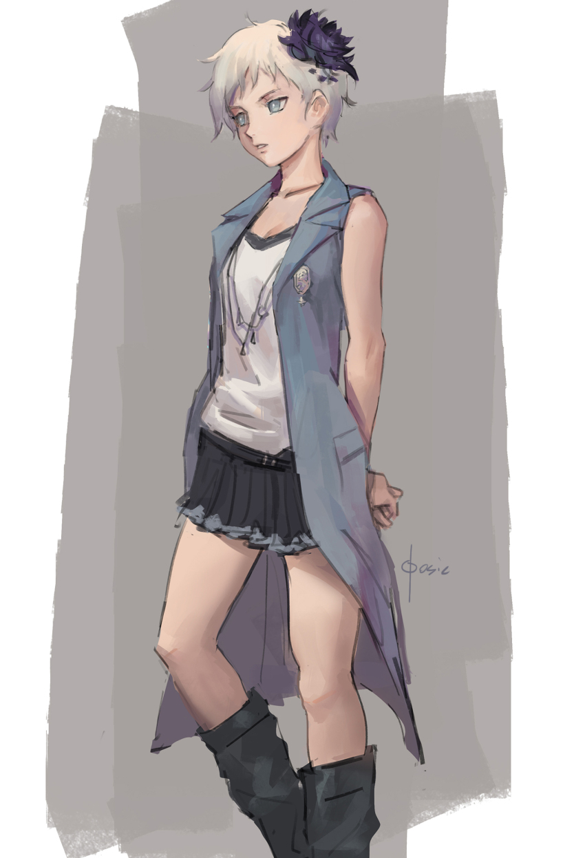 1girl artist_name black_boots black_flower black_skirt blue_eyes blue_jacket boots brooch flower hair_flower hair_ornament highres jacket jewelry kyokugen_dasshutsu kyokugen_dasshutsu_adv:_zennin_shibou_desu phi_(kyokugen_dasshutsu) photoshop_(medium) qosic shirt short_hair signature skirt solo standing very_short_hair white_shirt