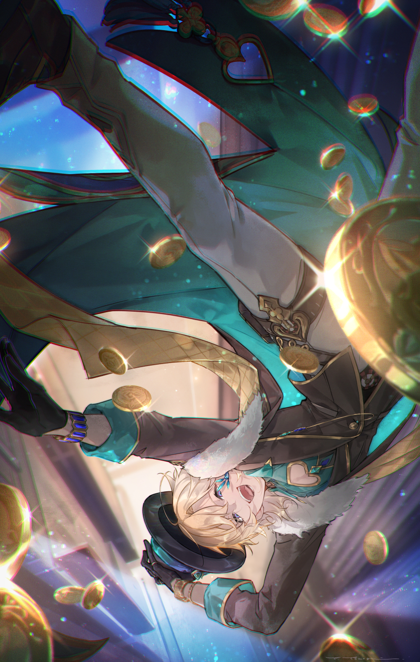 1boy absurdres ahoge aventurine_(honkai:_star_rail) black_footwear black_gloves black_hat black_jacket blonde_hair blue_eyes clothing_cutout coin collared_shirt earrings fur-trimmed_jacket fur_trim gloves gold_coin green_shirt grey_pants hat highres holster honkai:_star_rail honkai_(series) jacket jewelry long_sleeves male_focus multicolored_eyes open_mouth pants purple_eyes shirt solo spade_cutout thigh_holster two-tone_eyes yama_ta_yomogi