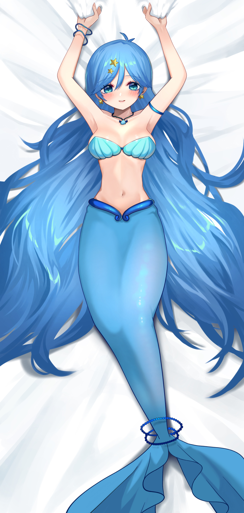 1girl absurdres armpits arms_up bare_shoulders bed_sheet bikini blue_eyes blue_hair blue_tail blush bracelet breasts cleavage collarbone commentary_request commission dakimakura_(medium) earrings full_body hair_between_eyes hair_ornament hair_spread_out highres houshou_hanon houshou_hanon_(mermaid) jewelry long_hair looking_at_viewer medium_breasts mermaid mermaid_melody_pichi_pichi_pitch momoman_(mochinko84) monster_girl navel necklace parted_lips shadow sheet_grab shell shell_bikini shell_necklace sidelocks skeb_commission smile solo star_(symbol) star_earrings star_hair_ornament stomach very_long_hair