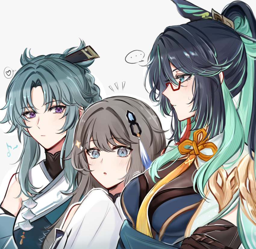 3girls aqua_hair black_gloves black_hair brown_hair closed_mouth crossed_arms detached_sleeves genshin_impact glasses gloves green_eyes green_hair guizhong_(genshin_impact) hair_ornament highres kuma_yum24 long_hair long_sleeves looking_at_another madame_ping_(genshin_impact) multicolored_hair multiple_girls parted_lips purple_eyes red-framed_eyewear sidelocks simple_background speech_bubble thought_bubble upper_body white_background xianyun_(genshin_impact)