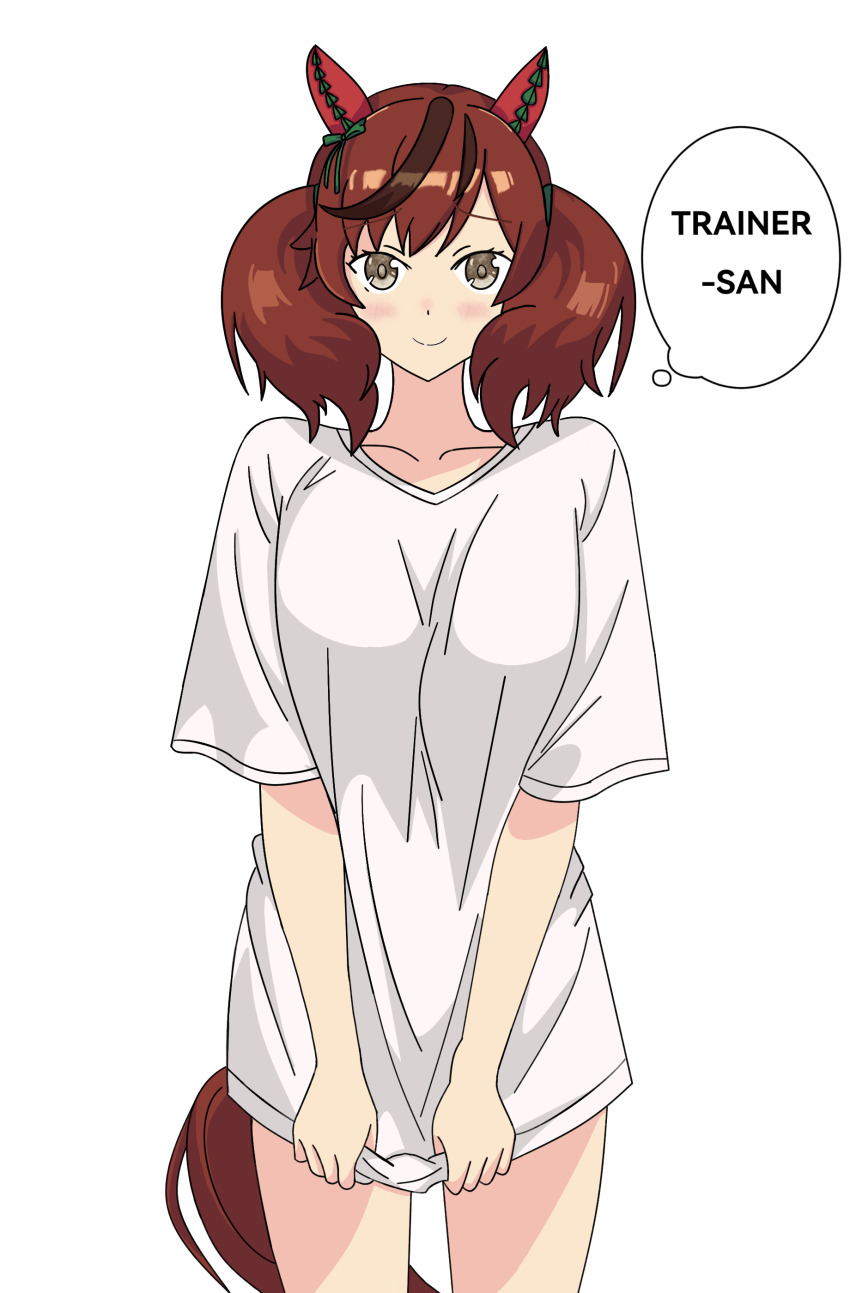 1girl absurdres animal_ears blush closed_mouth highres horse_girl horse_tail just_arata nice_nature_(umamusume) oversized_clothes shirt smile solo speech_bubble tail twintails umamusume upper_body white_shirt