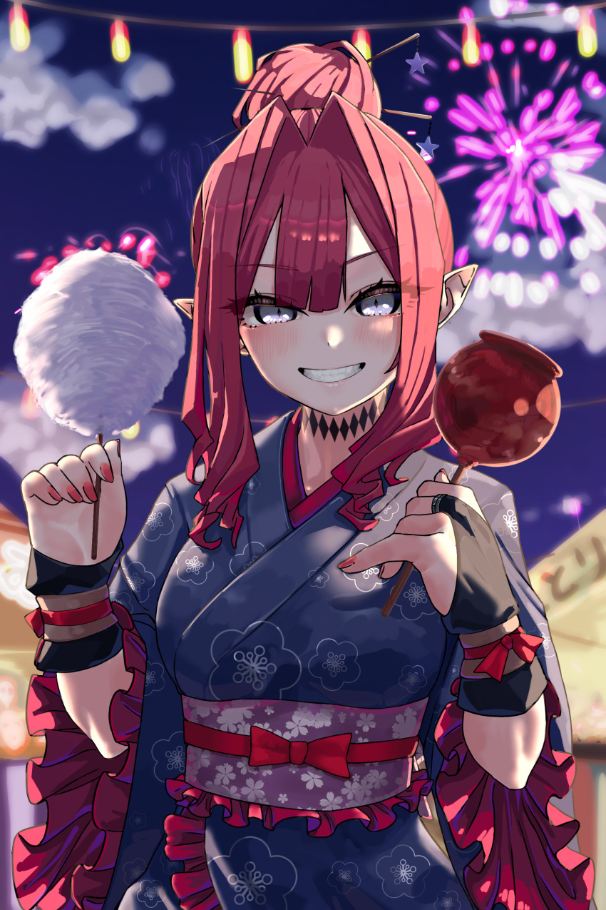 1girl absurdres aerial_fireworks baobhan_sith_(fate) black_kimono blush breasts candy_apple choker cotton_candy fate/grand_order fate_(series) fireworks food grey_eyes grin hair_bun highres holding holding_cotton_candy holding_food japanese_clothes kimono large_breasts long_hair long_sleeves looking_at_viewer night night_sky niwaikanai obi pink_hair pointy_ears ponytail sash sidelocks single_hair_bun sky smile solo wide_sleeves wrist_cuffs