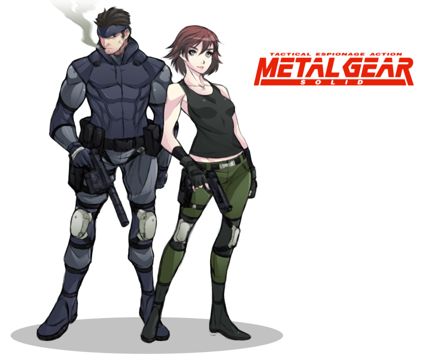 1boy 1girl an/peq-6 armpits bare_shoulders blue_eyes breasts brown_hair chuunioniika cigarette copyright_name desert_eagle elbow_pads facial_hair flashlight gun h&amp;k_mark_23 handgun headband heckler_&amp;_koch insight_technology kac_mk23_suppressor knee_pads knight&#039;s_armament_company laser_aiming_module laser_pointer laser_sight lips match_grade match_grade_firearm match_grade_pistol meryl_silverburgh metal_gear_(series) metal_gear_solid muscular offensive_handgun pistol smoking sneaking_suit socom_(metal_gear) solid_snake stubble suppressor tactical_light tank_top weapon