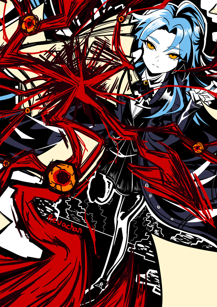 1girl absurdres angela_(project_moon) black_pants black_skirt blue_coat blue_eyes book coat collared_shirt frilled_sleeves frills highres lapels library_of_ruina long_hair looking_at_viewer notched_lapels pants parted_bangs pleated_skirt project_moon revachan shirt skirt solo the_burrowing_heaven very_long_hair white_background white_shirt yellow_eyes