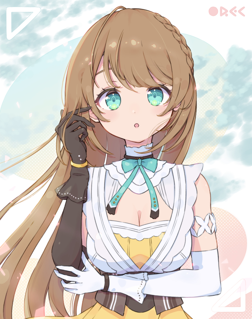 1girl absurdres aogiri_koukou aqua_eyes asymmetrical_gloves black_gloves breasts brown_hair cleavage elbow_gloves gloves gorirasaru440 highres kurikoma_komaru large_breasts long_hair looking_at_viewer mismatched_gloves open_mouth solo upper_body virtual_youtuber white_gloves