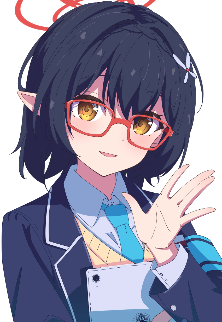 1girl \||/ absurdres aot. aqua_armband aqua_necktie armband ayane_(blue_archive) black_hair blazer blue_archive blue_jacket braid brown_eyes buttons collared_shirt commentary crown_braid flower hair_between_eyes hair_flower hair_intakes hair_ornament halo hand_up head_tilt highres holding holding_tablet_pc jacket looking_at_viewer necktie open_clothes open_jacket open_mouth pointy_ears raised_eyebrows red_halo shirt short_hair sidelocks solo sweater tablet_pc upper_body white_background white_flower white_shirt yellow_sweater