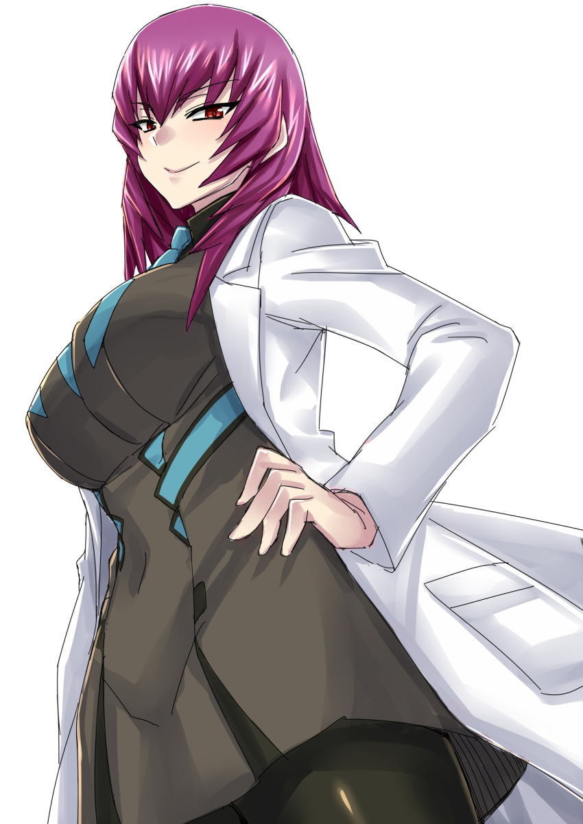 1girl black_pantyhose black_shirt blue_necktie blush breasts collared_shirt covered_navel grey_jacket hand_on_own_hip head_tilt highres jacket kouzuki_yuuko lab_coat large_breasts looking_at_viewer medium_hair military military_uniform minarai muv-luv muv-luv_alternative necktie pantyhose purple_hair red_eyes shirt smile solo white_background