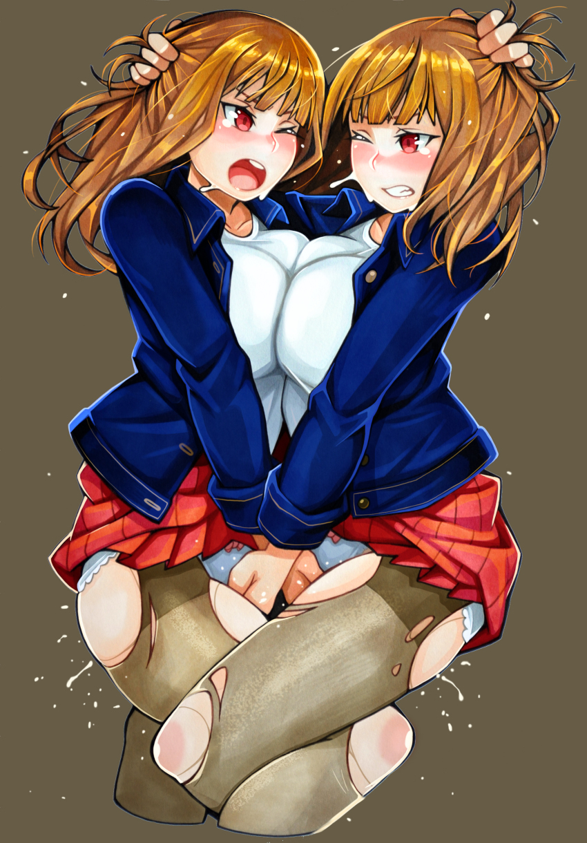 2girls absurdres adultonly bad_id bad_pixiv_id blush breast_fight breasts brown_hair catfight female_focus fighting fingering fingering_each_other fingering_through_clothes fingering_through_panties grabbing_another&#039;s_hair hair_pulled highres large_breasts long_hair multiple_girls mutual_fingering mutual_masturbation open_mouth panties pantyhose pussy_juice red_eyes school_uniform sex_fight short_hair siblings simple_background sisters skirt tearing_clothes tears thighhighs through_clothes torn_clothes torn_legwear torn_pantyhose twins underwear yuri