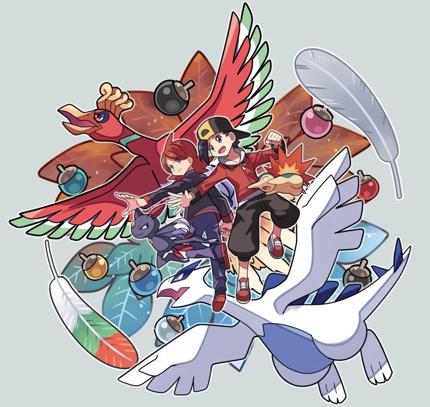 2boys apricorn backwards_hat black_headwear black_jacket black_pants commentary_request cyndaquil ethan_(pokemon) gen_2_pokemon hat highres ho-oh jacket legendary_pokemon long_hair long_sleeves lugia male_focus multiple_boys nintendo open_mouth pants pokemon pokemon_(creature) pokemon_hgss rainbow_feather_(pokemon) red_footwear red_hair red_jacket shoes silver_(pokemon) smile sneasel sutokame tongue zipper_pull_tab