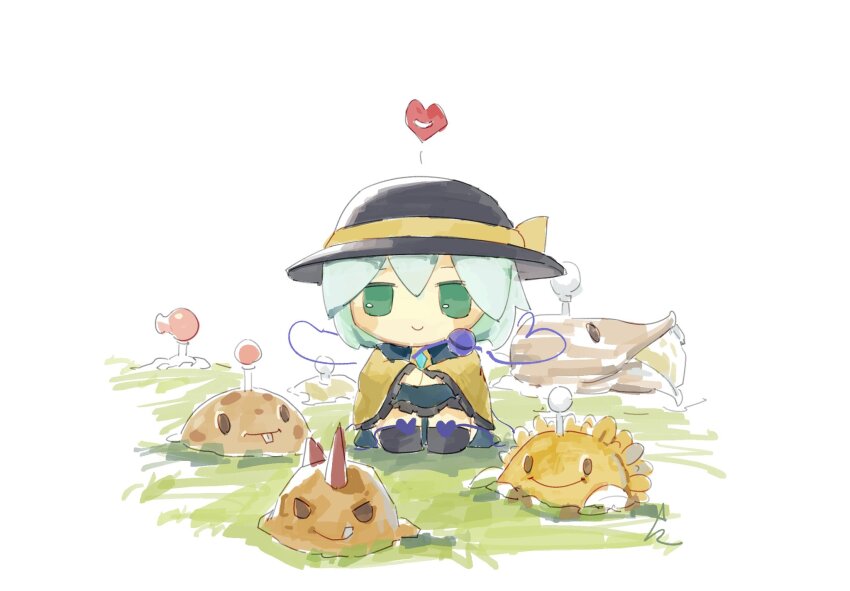 1girl black_footwear black_hat bow cob_cannon_(plants_vs._zombies) frilled_sleeves frills fumo_(doll) ge_dazuo green_eyes green_hair green_skirt hat hat_bow heart highres komeiji_koishi plants_vs._zombies plants_vs._zombies_2 plants_vs._zombies_hybrid potato potato_mine_(plants_vs._zombies) primal_potato_mine_(plants_vs._zombies) shirt skirt third_eye yellow_bow yellow_shirt