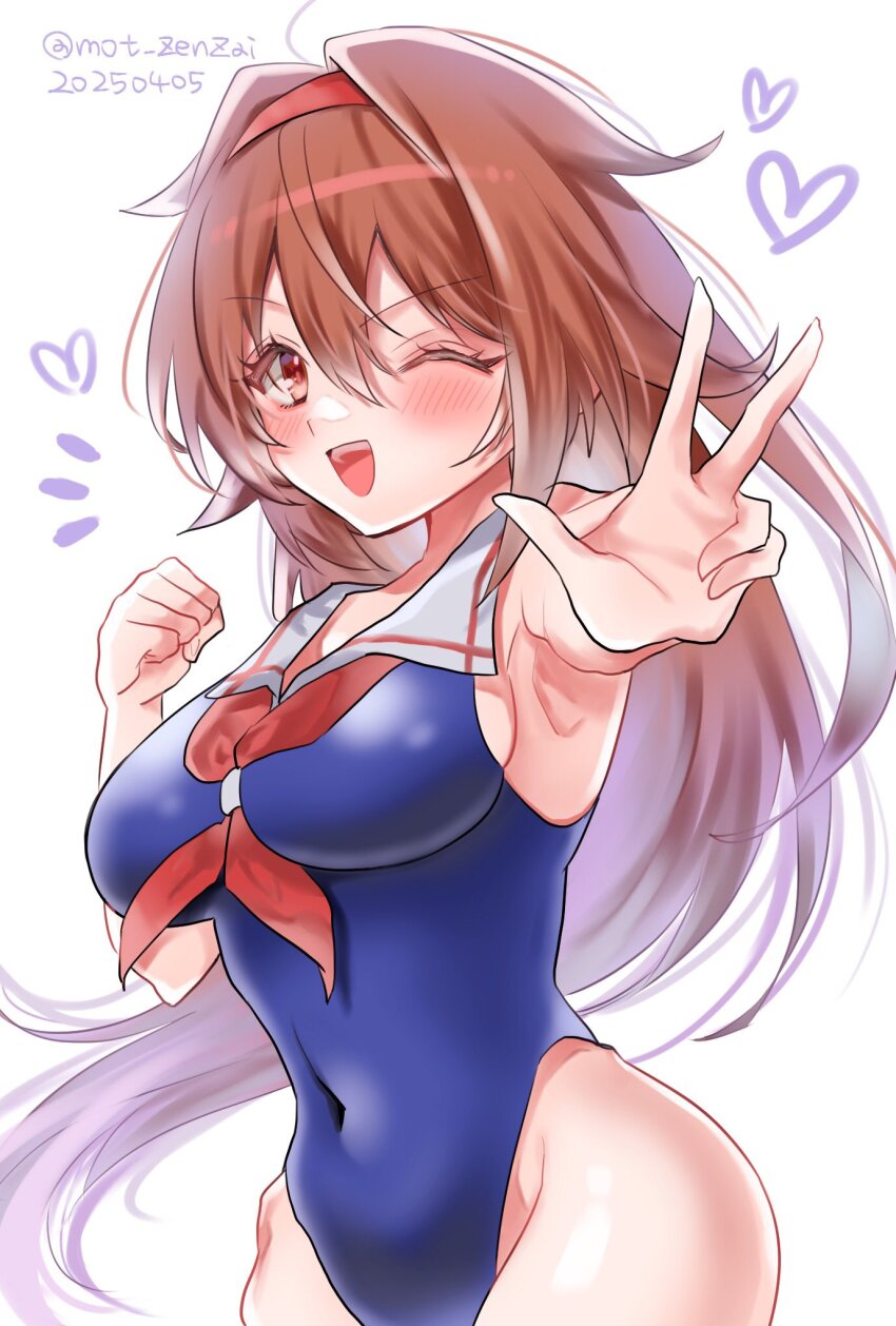 1girl blue_one-piece_swimsuit blush breasts brown_eyes brown_hair casual_one-piece_swimsuit covered_navel dated hair_flaps hairband heart highres kantai_collection long_hair looking_at_viewer medium_breasts mot_zenzai one-piece_swimsuit one_eye_closed open_mouth red_hairband sailor_collar sailor_one-piece_swimsuit shiratsuyu_(kancolle) shiratsuyu_kai_ni_(kancolle) smile swimsuit twitter_username v white_background white_sailor_collar